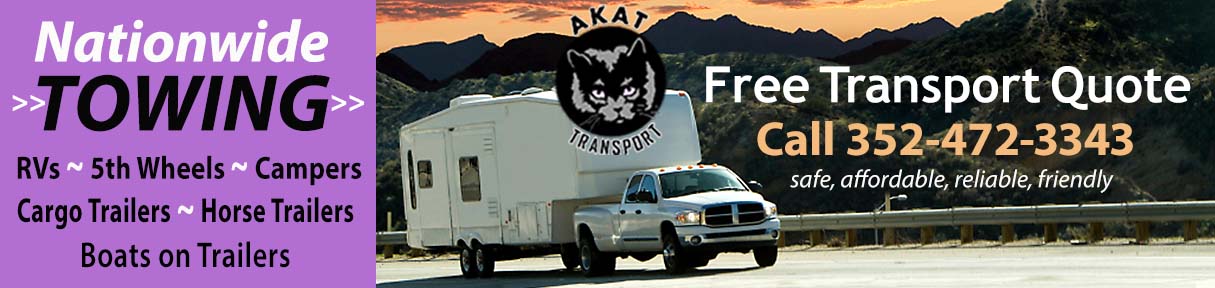 Nationwide Towing RVs, Campers, Trailers, Cargo Trailers, Boats and Cars on Trailers, Free Quote by AKAT Transport